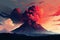 Colorful illustration of a volcanic eruption in a mountainous area