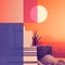 A colorful image of a house with the sun setting, AI
