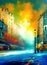 Colorful impressionist city street painting at sunset illustration
