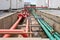 Colorful industrial piping or pipelines. Industrial process piping, valves, fitting, flanges at refinery manufacturing, oil plant