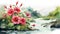 Colorful Ink-wash Landscape: Beautiful Red Flowers In Water