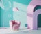 Colorful interior in pink and blue tones, soap bibbles, 3d rendering