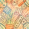 Colorful International travel visa rubber stamps imprints on old paper, seamless pattern