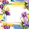 Colorful irises. Floral botanical flower. Wild spring leaf wildflower frame.