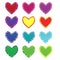 Colorful isolated decorative hearts with mosaic outline on white background.