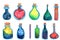 Colorful isolated magic potion bottles set.