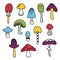 Colorful isolated mushroom hand draw black outline doodle