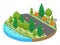 Colorful isometric round map location with park and strolling walkway with pond and trees.