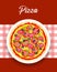 Colorful Italian pizza on a plate on a checkered napkin. Poster, retro banner vector