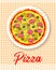 Colorful Italian pizza on a plate on a checkered tablecloth. Poster, retro banner vector