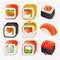 Colorful japanese food cartoon style design icons set with different sushi and rolls on transparent background isolated