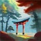 Colorful japanese landscape shrine through wooden torii. Forest Garden