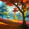 Colorful japanese landscape shrine through wooden torii. Forest Garden