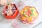 Colorful Japanese patterned hexagonal origami box with lid