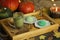 Colorful japanese sweets daifuku or mochi. Sweets close up on the plate with cup of matcha tea