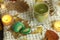 Colorful japanese sweets daifuku or mochi. Sweets close up on the plate with cup of matcha tea