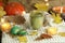 Colorful japanese sweets daifuku or mochi. Sweets close up on the plate with cup of matcha tea