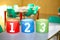 Colorful jars with one two and three numbers