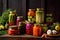 colorful jars of pickled vegetables on rustic table