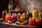 colorful jars of pickled vegetables on rustic table