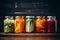 Colorful jars of preserved vegetables and pickles, mediterranean food life style Authentic