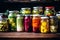 Colorful jars of preserved vegetables and pickles, mediterranean food life style Authentic