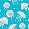 Colorful jellyfish seamless pattern. Hand drawn vector illustration of uderwater inhabitants on blue water background. Medusa with