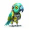 Colorful joyful parrot robot, robotic bird isolated over white background. Created with generative Ai