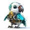 Colorful joyful parrot robot, robotic bird isolated over white background. Created with generative Ai