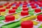 Colorful Juice cartons with red cap in supermarket shelf.