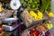 Colorful juicy fruits and vegetables in traditional bazaar, street market