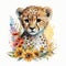 Colorful Jungle: Baby Cheetah with Boho Flowers, Watercolor, Isolated on White background - Generative AI