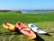 Colorful kayak on lake shore, Lithuania