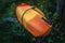 Colorful kayak tethered to a tree nestled among summer plants