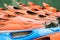 Colorful Kayaks in the Waters of Halong Bay, Vietnam