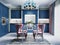 A colorful kitchen in a neoclassic style with blue furniture and green walls, a dining table with soft pink chairs