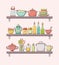 Colorful kitchen supplies on shelves