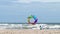 Colorful kites on the beach at the ocean.