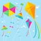 Colorful kites in the sky. Vector illustration