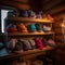 Colorful Knitted Beanies on Cozy Wooden Shelf at Dusk