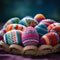 Colorful knitted easter eggs in a basket, AI