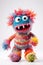Colorful Knitted Monster with Raised Hands Looking at Camera for Children\\\'s Book Cover.