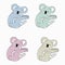 Colorful koalas on white background. Sketches of different colors animals. Cartoon icons of koala bears.