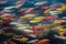 Colorful of Koi craft fish swimming in a lake,abstract blur back