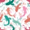 Colorful Koi fish or Asian carp silhouettes layered to create underwater depth effect. Seamless vector pattern