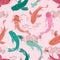 Colorful Koi fish or Asian carp silhouettes with transparent wavy brush stroke texture. Seamless vector pattern