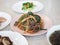Colorful Korean japchae with beef and vegetables