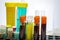 Colorful laboratory test tubes, biochemistry blood tests, urine test, tests tube, medical analysis, research concept, fertility r