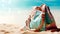 Colorful lady beach bag on sand on sea shore. Summer vacation or holiday concept background. Created with generative Ai