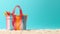 Colorful lady beach bag on sand on sea shore. Summer vacation or holiday concept background. Created with generative Ai